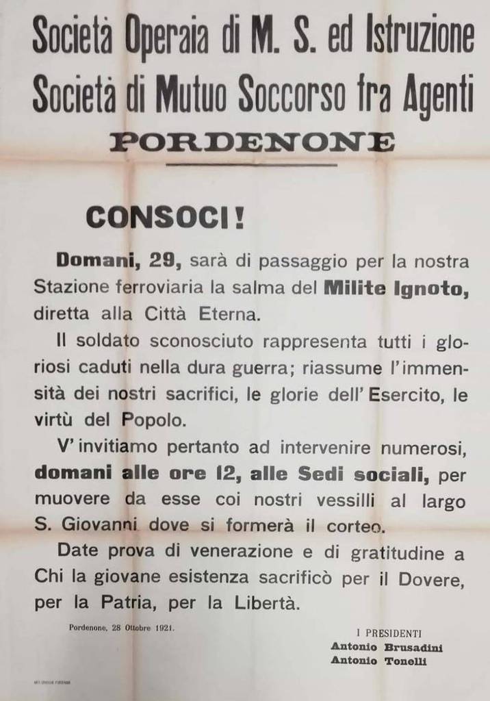 Milite ignoto: le cerimonie di oggi a Pordenone per il centenario
