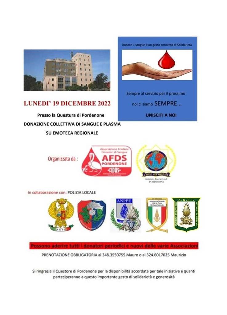 Polizia di Stato sposa il progetto di donazione collettiva di plasmae sangue su emoteca regionale