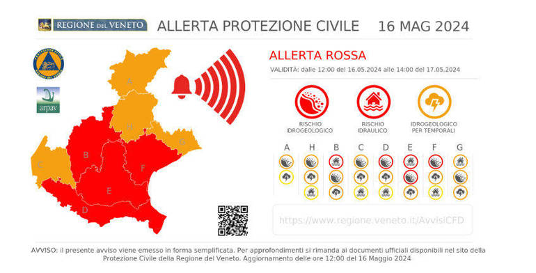 Veneto: allerta idrogeologica alta per le precipitazioni occorse e quelle attese